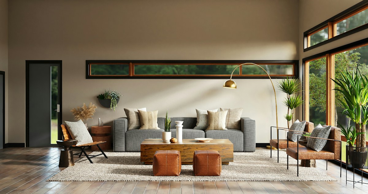 Modern living room interior with warm golden evening lighting and architectural furniture